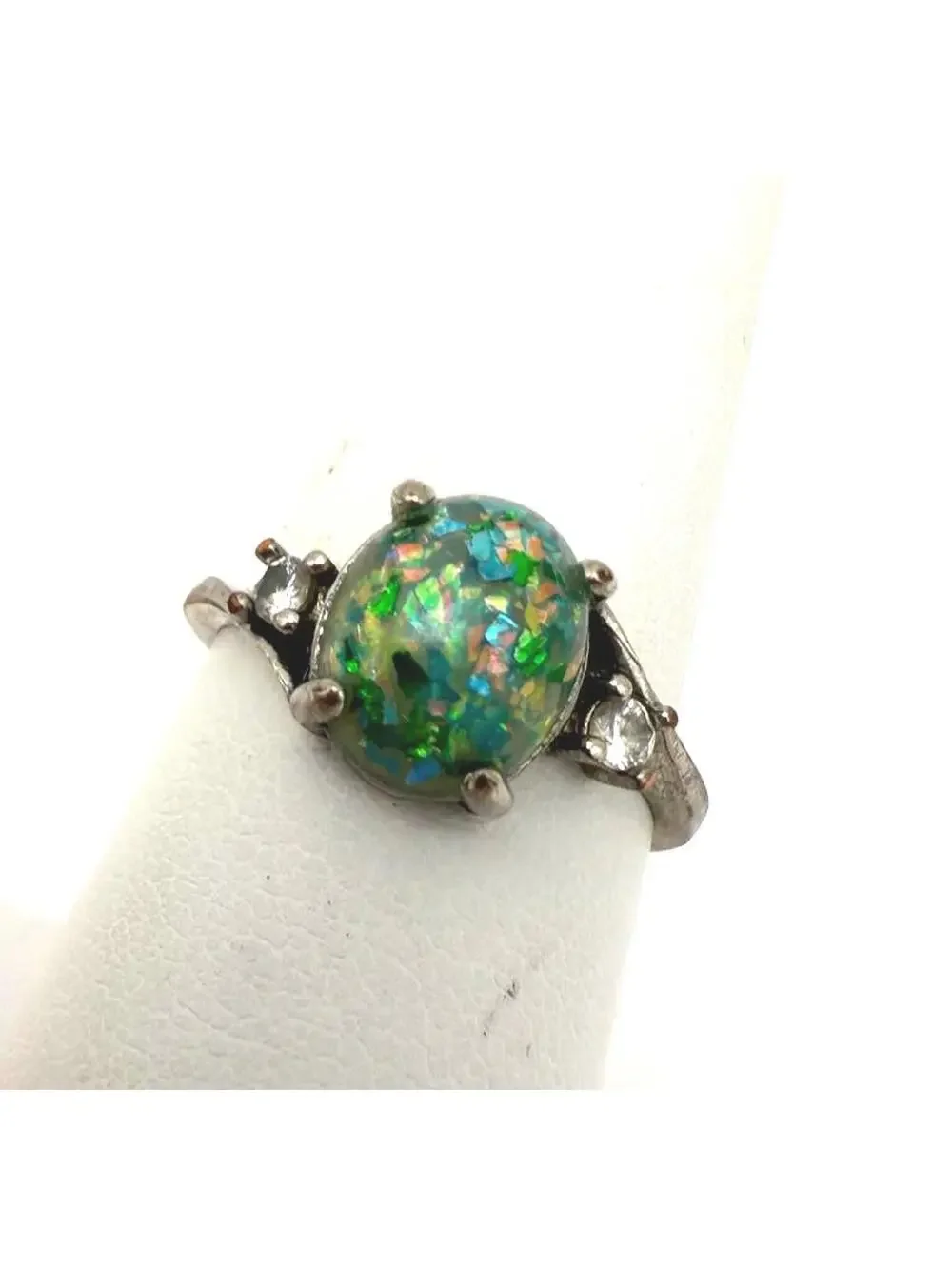 Silver Ring with Multicolor Opal-like Stone and Side Accents Size 7